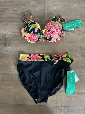 Body I.D. Floral Bikini Top with bottoms Black floral Pink NWT size 12 vintage